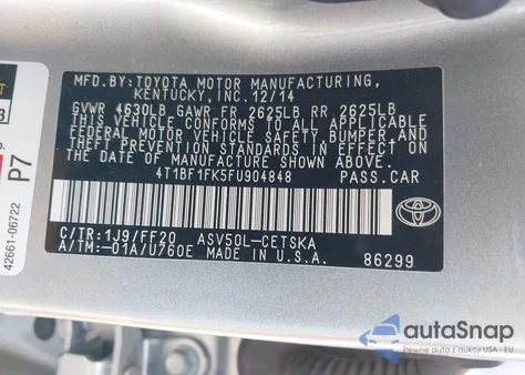 2015 Toyota Camry Se из США, поврежденный, VIN 4T1BF1FK5FU904848